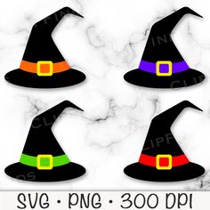 three witches hats with different colors and sizes on marble background for halloween svg cut files