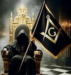 a person sitting on a throne holding a black and gold flag with the letter g