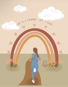 a woman standing in front of a rainbow with flowers and clouds above her, looking at the sky