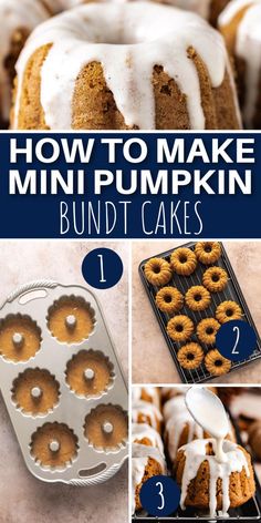 Collage showing how to make mini pumpkin spice bundt cakes. Mini Pumpkin Spice Bundt Cakes, Nothing Bundt Cakes Bundtinis, Pumpkin Mini Bundt Cakes, Pumpkin Mold Recipes, Mini Pumpkin Bundt Cakes, Bundt Cake Recipes Mini, Mini Bundt Cake Recipes From Mix Boxes, Moist Bundt Cake Recipes, Fall Mini Cakes