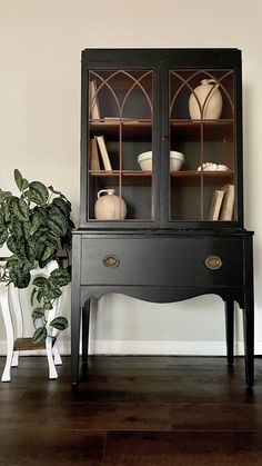 a black china cabinet sitting next to a potted plant on top of a hard wood floor