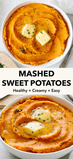 mashed sweet potatoes in a white bowl with butter and parmesan cheese on top