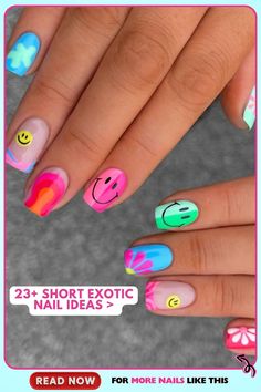 Pastel-colored short exotic nails with glossy finish, featuring whimsical smiley faces and patterns, great for everyday cheerfulness and made with gel for lasting wear. Short Exotic Nails, Exotic Nail Designs, Nail Art Trends, Summery Nails, Exotic Nails, Latest Nail Art, Colorful Nail Designs, Smiley Faces, Pastel Nails