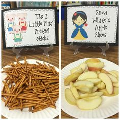 two plates with apples and some pretzels on them next to signs that say snow white's fried apple slices