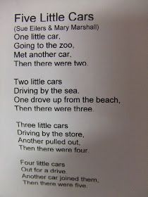 a poem written in black and white on a piece of paper that says five little cars