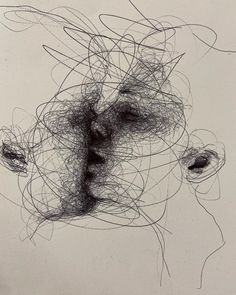 an abstract drawing of a woman's face with hair blowing in the wind and her eyes closed