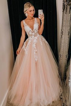 Pink Tulle Evening Dress, Tulle Prom Dress A Line, Princess Dress Prom, Princess Prom Dresses, Pink Evening Dress, Senior Prom Dresses, Pink Wedding Dress, V Neck Prom Dresses