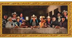 a group of men in cowboy hats sitting at a long table with beer glasses on it