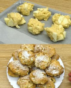 there are several different types of pastries on the plate and in front of them