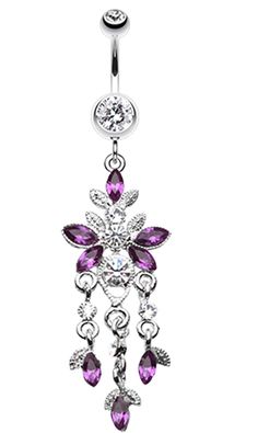 a dangling belly ring with purple crystals