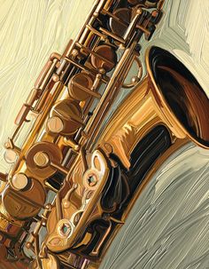 a painting of a saxophone with its mouth open and the strings still attached to it