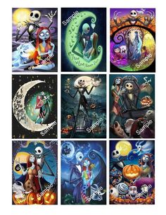 six different halloween cards with jack and sally characters in the middle one has a pumpkin on it