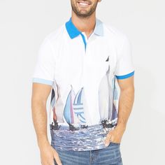 Nautica Men's Classic Fit Nautical Print Polo New With Tag, Never Worn. #Tds419p Casual White Tops For Sailing, Casual White Top For Sailing, White Nautical Tops For Sailing, Nautica Polo Shirt Men, Nautica T Shirts Men, Plain Polo Shirts, Nautical Short Sleeve T-shirt For Boating, Nautical Graphic Print T-shirt In Light Blue, Nautical Cotton T-shirt With Graphic Print