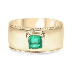 Bold and brave, this men's modern 14K - 18k gold ring says it all. This ring is made with the finest, genuine materials from our collection. The princess cut emerald is natural and comes from Muzo Colombia, a world known mine known for the finest quality emeralds in the world. The emerald featured in this ring is AA+ quality gem, good color, luster and translucent eye clarity. The emerald is bezel set in the gold of your choosing, meaning that the emerald is 100% protected on its sides. Bezel se Wide Band Gemstone Rings For Formal Occasions, Formal Wide Band Gemstone Ring, Yellow Gold Rings With Bezel Setting And Wide Band, Modern Yellow Gold Emerald Ring With Round Band, Classic Ring With Bezel Setting And Wide Band, Modern Wide Band Gemstone Rings, Yellow Gold Thick Band Ring, Classic Wide Band Ring With Bezel Setting, Formal Jewelry With Bezel Setting And Wide Band