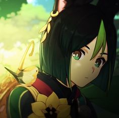 an anime character with green hair holding a bird