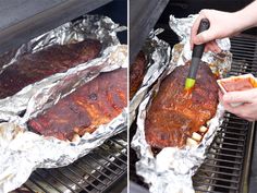 two images show how to cook ribs on the grill and then put them in foil