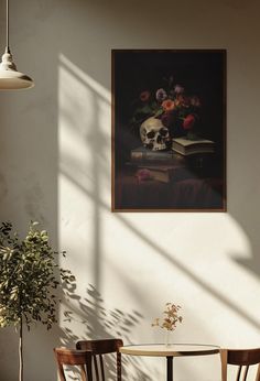 a table with two chairs and a skull on it