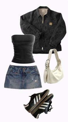 #outfits White Bag Street Style, White Top Black Jacket Outfit, Mini Skirt And Tube Top Outfit, Tube Top Dress Outfit Summer, Black Skirt Outfit Street Style, Mini Skirt Tube Top Outfit, Black Tube Top Outfit With Jacket, How To Style A Black Denim Skirt, Tube Top With Jacket