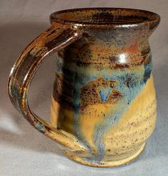 a brown and blue coffee mug sitting on top of a table