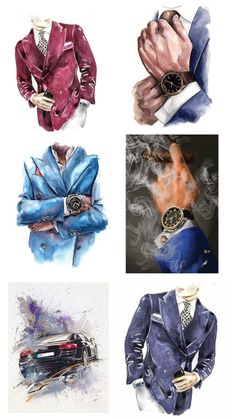 four different colored pictures of men's suits and ties with their hands on their hipss