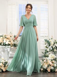 A-Line V-Neck Half Sleeves Split Side Chiffon Bridesmaid Dresses With -Lavetir Evening Wear Dresses, Short Formal Dress, Dresses With Pockets, Chiffon Bridesmaid Dresses, Womens Prom Dresses, Plus Size Formal Dresses, Girls Formal Dresses, Formal Dresses Short, Grad Dresses