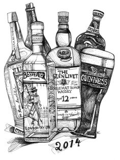 an ink drawing of liquor bottles with the caption's name and date 2011