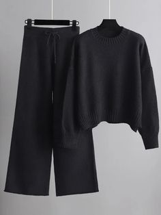 Urban Loose Long Sleeves Solid Color Round-Neck High-Low Sweater Tops & Wide Leg Pants Suits Wide Leg Pant Suit, Work Pants Women, Winter Knit Sweater, Casual Chique, Estilo Chic, Round Neck Sweaters, Pantalon Large, Loose Pants, Loose Sweater