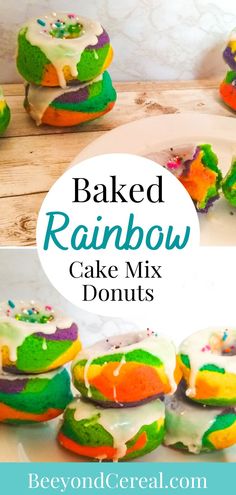 baked rainbow cake mix donuts with icing and sprinkles on top