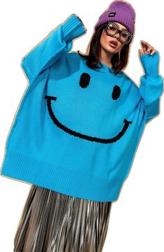 Serotonin Smile Oversized Knit in Blue - Dressed in Lala Trendy Oversized Light Blue Sweater, Fun Oversized Winter Sweater, Playful Oversized Crew Neck Sweater, Oversized Playful Crew Neck Sweater, Light Blue Oversized Crew Neck Sweater, Oversized Light Blue Crew Neck Sweater, Fun Blue Top For Fall, Fun Blue Tops For Fall, Fun Blue Tops For Winter