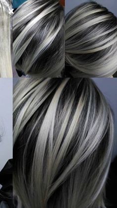 Black Hair With Platinum Highlights Short Hair, Gray Hair With Black Underneath, Black Hair With Platinum Highlights, Black Lowlights, Pixie Highlights, Brown Hair With Silver Highlights, Chic Hairstyle, Hair Highlights And Lowlights, Hair Color Caramel