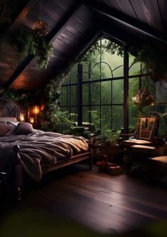 a bed sitting in a bedroom next to a window filled with green plants and greenery