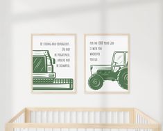 two green tractor prints on the wall above a crib