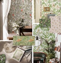 a collage of different wallpapers with flowers and plants on them in various rooms