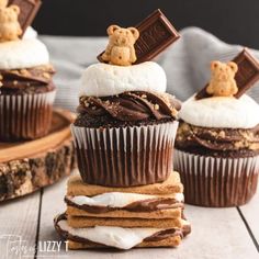 chocolate cupcakes topped with marshmallows and teddy bear icing, sitting on top of each other