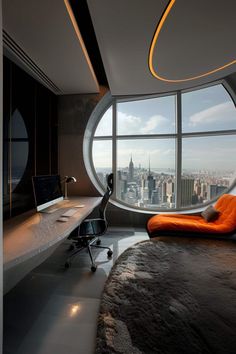 a bedroom with a large window and a desk in front of the window is an orange chair