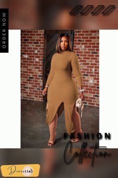 Plus Size Solid Knitted Irregular Long Sleeve Dress Casual Solid Asymmetrical Midi Dress, Casual Solid Color Asymmetrical Midi Dress, Casual Solid Midi Dress With Asymmetrical Hem, Brown Asymmetrical Dress For Fall, Asymmetrical Brown Dress For Fall, Elegant Irregular Fall Dresses, Casual Asymmetrical Hem Winter Dress, Casual Solid Color Bodycon Dress For Fall, Casual Winter Dress With Asymmetrical Hem