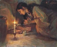 a painting of two people lighting a candle