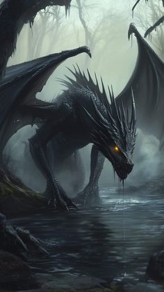 a dragon is standing in the water with its wings spread out and glowing yellow eyes