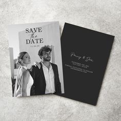 a black and white wedding save the date card with an image of a man and woman