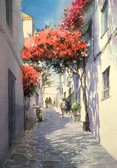 a watercolor painting of people walking down an alleyway with trees in the foreground