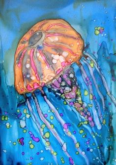 a painting of an orange jellyfish with blue water and bubbles on it's surface