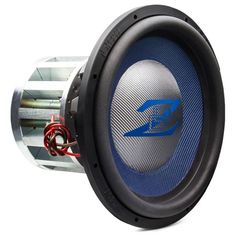 the front view of a speaker with blue and red wire on it's side