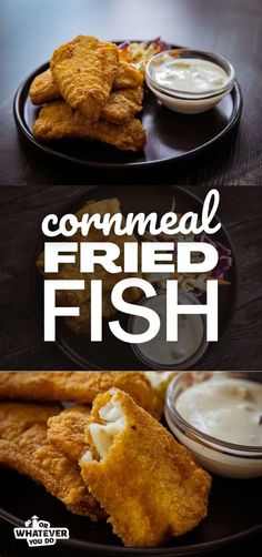 two black plates topped with fried fish next to dipping sauce