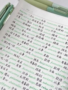 two green pens sitting on top of an open book with writing in chinese and english