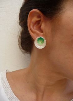 Light Green Earring Sterling Silver Earrings Handmade Single Green Enamel Earring, Green Enamel Single Earring, Enamel Clip-on Earrings As Gift, Green Round Fusion Earrings, Green Enamel Clip-on Jewelry, White Enamel Clip-on Jewelry, Green Enamel Clip-on Earrings As Gift, Unique Round Clip-on Jewelry, White Enamel Round Earrings