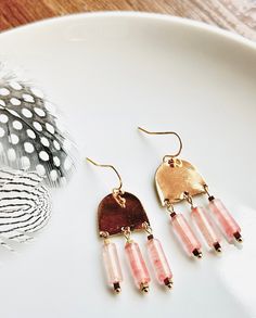 Earrings, pink, gold, dangle, drop, Fringe, wedding, formal, natural stone, bar, translucent, semi-circle, half circle, dome Pink Brass Jewelry For Wedding, Pink Brass Wedding Jewelry, Pink Brass Dangle Earrings, Pink Brass Dangle Jewelry, Pink Round Chandelier Earrings, Pink Teardrop Chandelier Earrings, Nickel Free, Stone Bar, Wedding Formal, Half Circle