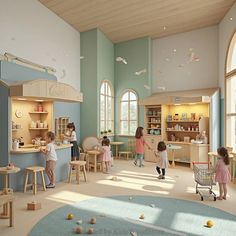 children in a playroom with toys and furniture