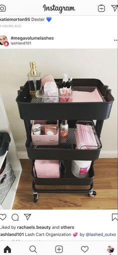 a black cart with lots of pink items on it and the caption instagram