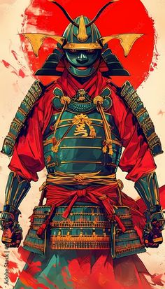 an illustration of a samurai standing in front of a red and yellow background with the sun behind him