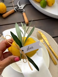 a person holding a lemon with an olive branch on it and place cards attached to the top